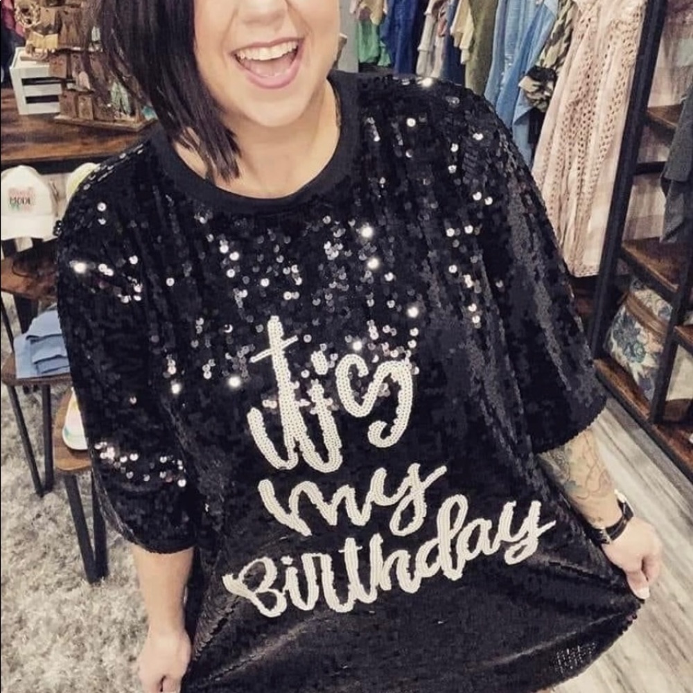 ITS MY BIRTHDAY black and white sequin one size fits all shirt/tunic/dress